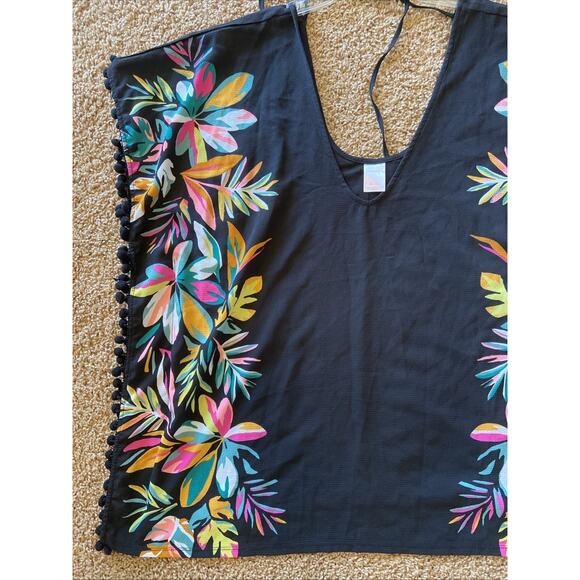 Xhilaration Black Colorful Tropical Palm Floral Pom Fringe Swim Coverup Womens S - Picture 4 of 6